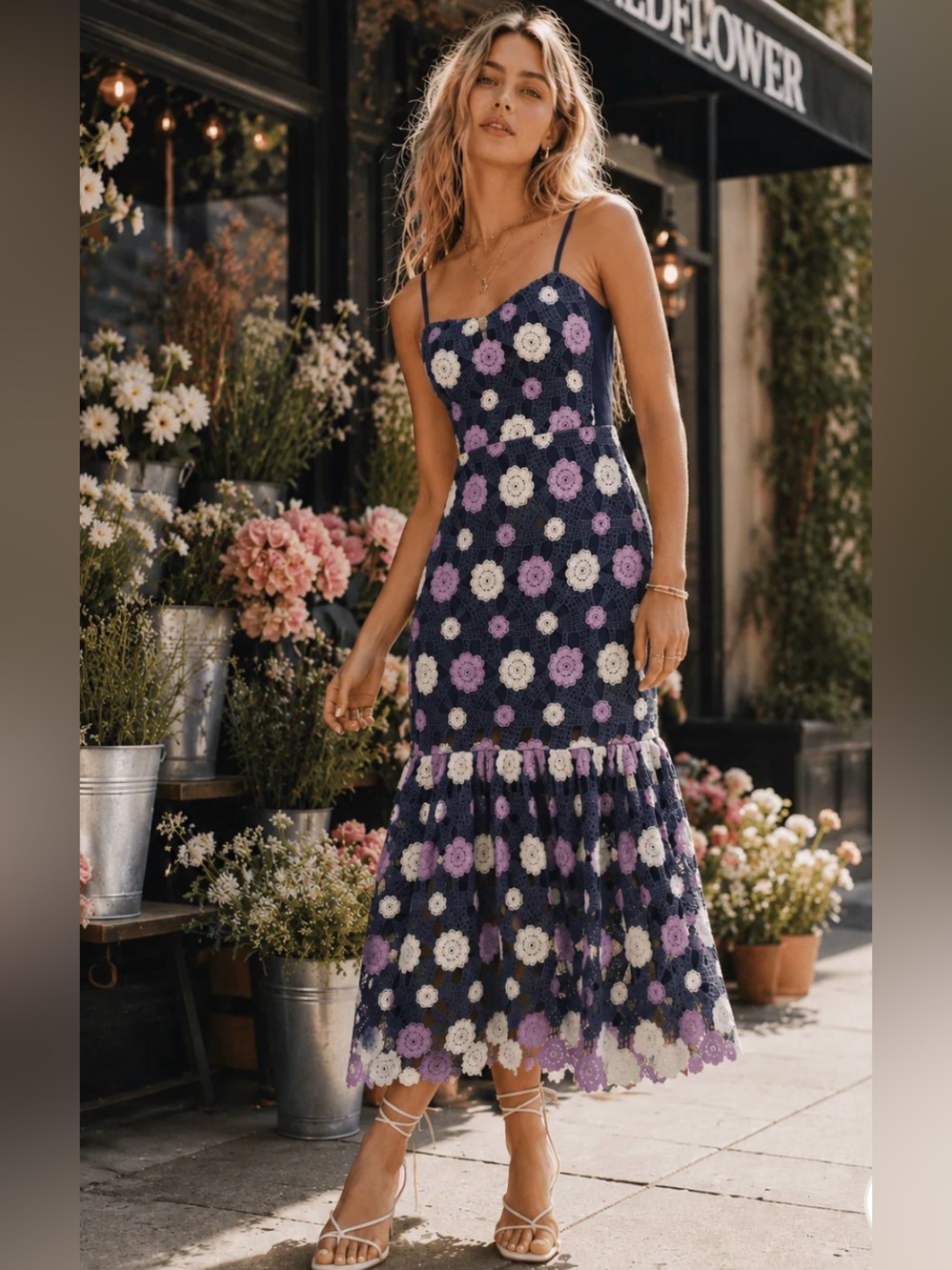 JUST ME WOMEN'S SLEEVELESS V-NECK TIERED FLORAL CROCHET MAXI DRESS